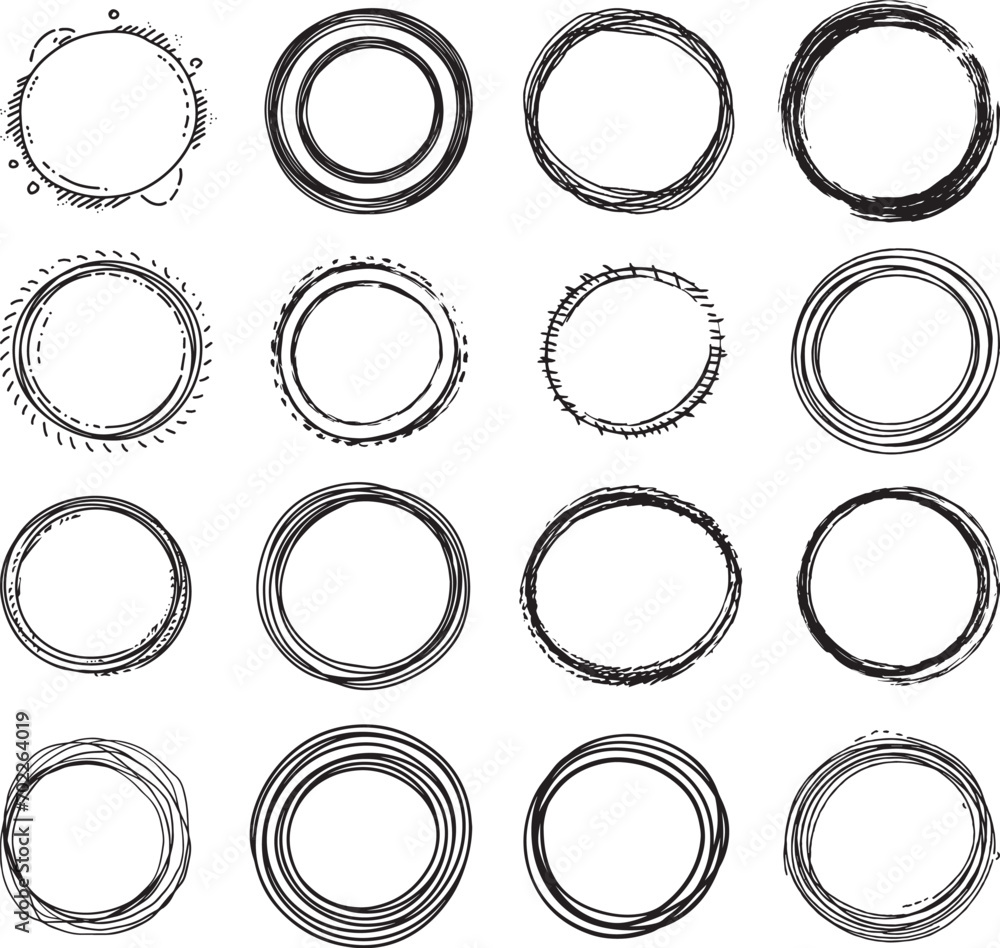 Handdrawn doodle grunge circle highlights. Charcoal pen round ovals. Marker scratch scribble inrounder. Round scrawl frames. Vector illustration of freehand painted circular - obrazy, fototapety, plakaty 