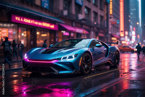 Blue concept cyberpunk sport car style with metallic body reflecting vibrant lights. © Sandro Salla