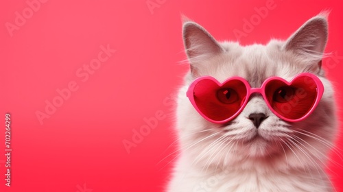 Close-up portrait of fluffy white cat with pink heat-shaped glasses on pink background with copy space, Valentine's Day concept