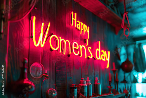 happy women's day sign with neon light on the wall