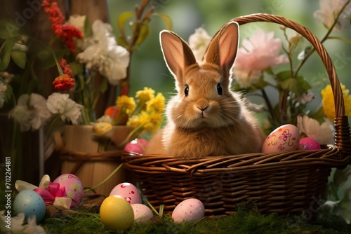 Animated and joyful Easter Bunny with big expressive eyes, giving a thumbs-up beside a delightful pile of chocolate eggs and assorted candies © Silvana