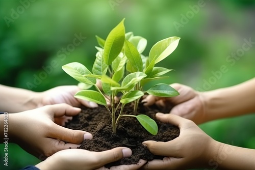 Close-up of hands nurturing and planting a young tree in fertile soil, with the morning sun shining brightly.