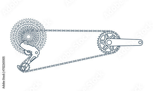 Bicycle crankset with speeds sprocket in outline. Bike gear. Chainring, cranks, cassette, chain, rear derailleur. Line vector illustration photo