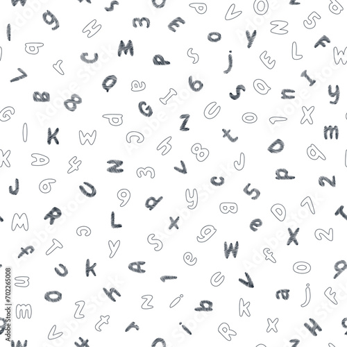 Seamless pattern of hatched and outline alphabet letters and numbers  in a sketch. Hand drawn symbols of font. Graphic print. Isolated vector illustration on white background