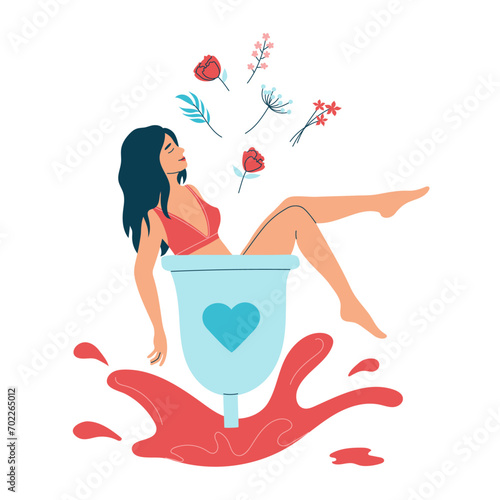 Woman with menses uses a menstrual cup. Concept of using reusable hygiene and care products, zero waste during the menstrual period. Isolated vector illustration