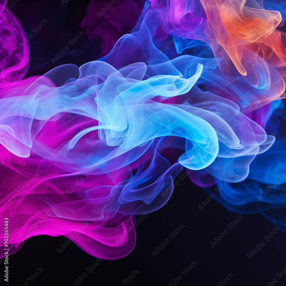Black backdrop with a swirling neon blue and purple light