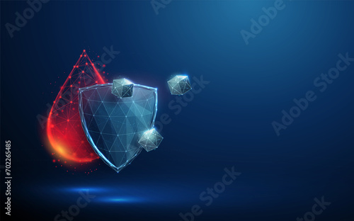Abstract red drop of blood, blue shield, white cubes of sugar. Diabetes type 1, 2 control and treatment concept Low poly photo