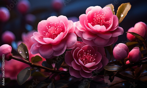 Elegant Pink Camellias Blooming in Dark Mystical Garden, Vivid Floral Display on Moody Background, Romantic Blossom Beauty