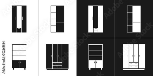 Wardrobe icons set. Furniture vector icons isolated on white and black background.