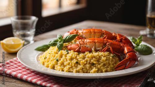 Saffron risotto with lobster presented in a plate on a wooden table in a rustic setting