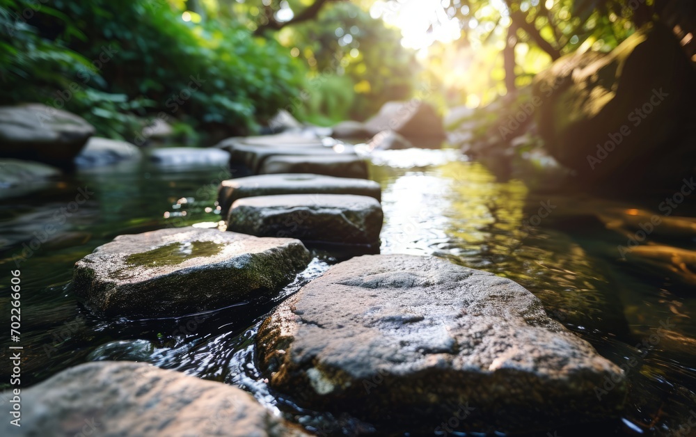 Fototapeta premium Tranquil Path: Stepping Stones Across a Serene Strea