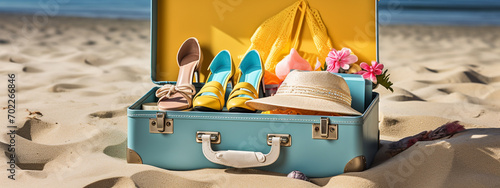Open suitcase with beach accessories on the sand. Travel concept.
