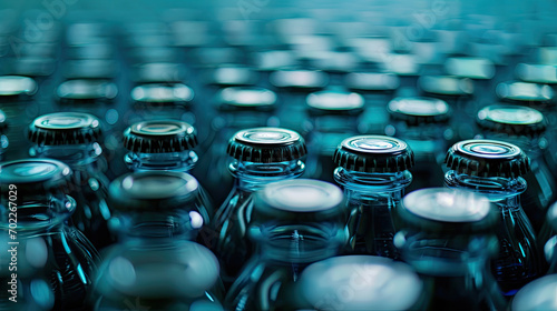 Plastic Bottles caps in rows Drinking Water Product Logistic Industry
