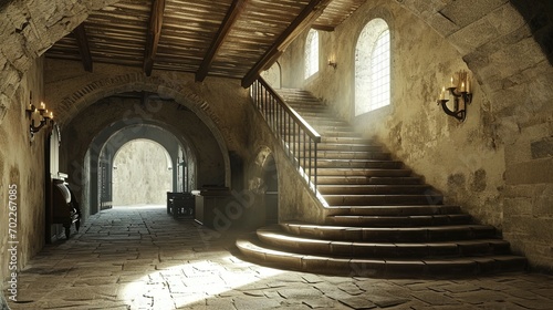 medieval castle hallway with stairs