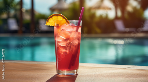 a beautiful glass with a cocktail on the background of the pool. the concept of travel.