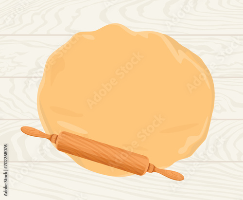 Rolling pin and dough on light wooden background. Vector cartoon illustration. Empty place for text.
