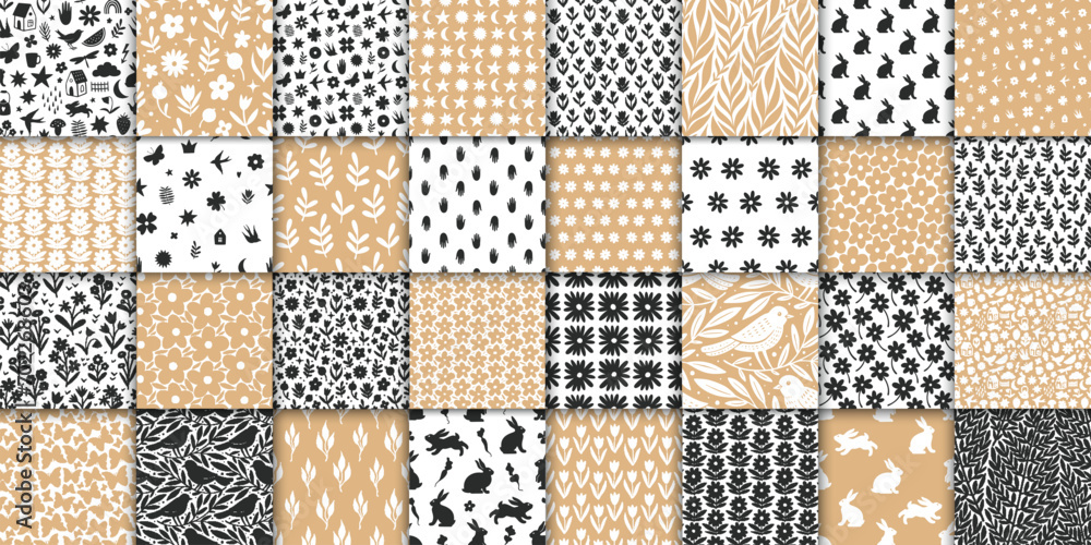 32 cute doodle seamless patterns. Hand drawn seamless pattern with flowers leaves birds and symbols 32 cute doodle seamless patterns. Hand drawn seamless pattern with flowers leaves birds and symbols