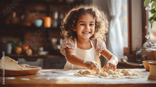 Portrait of smiling cute little girl preparing cookies for baking. Baking concept.
