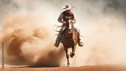 Foto A man riding a horse wearing a cowboy hat in the dust of the prairie