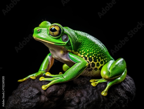 A green frog in on the rock.