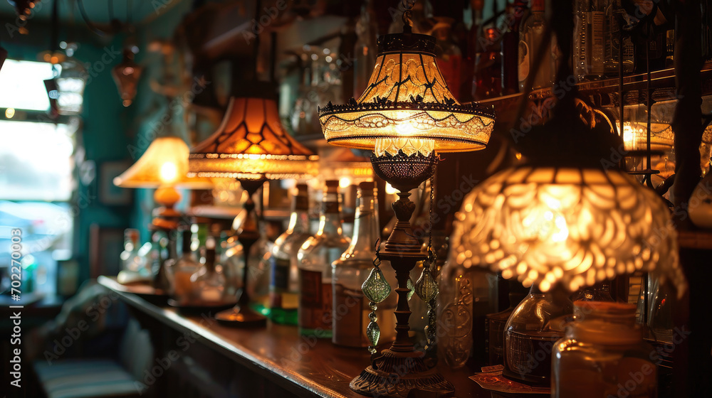 vintage lamps with liquor bar background