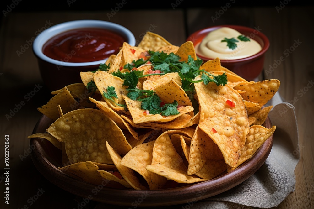 Crispy chips nachos with tomato and cheese sauce Crispy chips nachos with tomato and cheese sauce