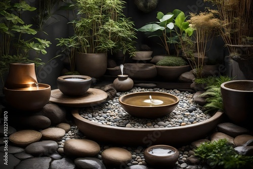 Create a zen-inspired area with natural materials, a small fountain, and calming elements.