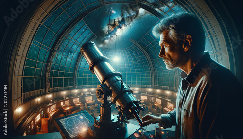 Fotografie, Obraz An astronomer gazing intently through a large, sophisticated telescope in a high-tech observatory