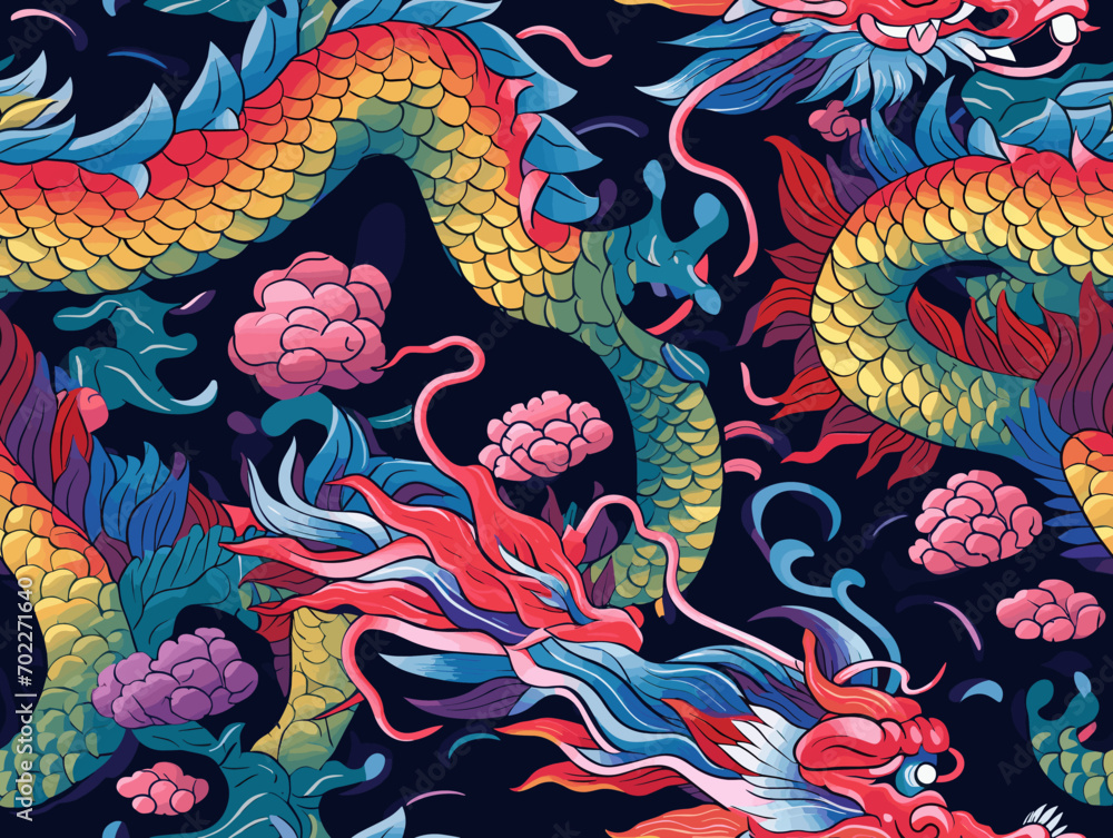 pattern of chinese dragon on the wall, colorful and dynamic illustration featuring a mythical dragon emerging from the roaring waves against a radiant red sun. pattern of chinese dragon on the wall, colorful and dynamic illustration featuring a mythical dragon emerging from the roaring waves against a radiant red sun.