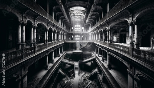 A high-quality image depicting a black and white photograph of an abandoned building's interior, in a 16_9 ratio.