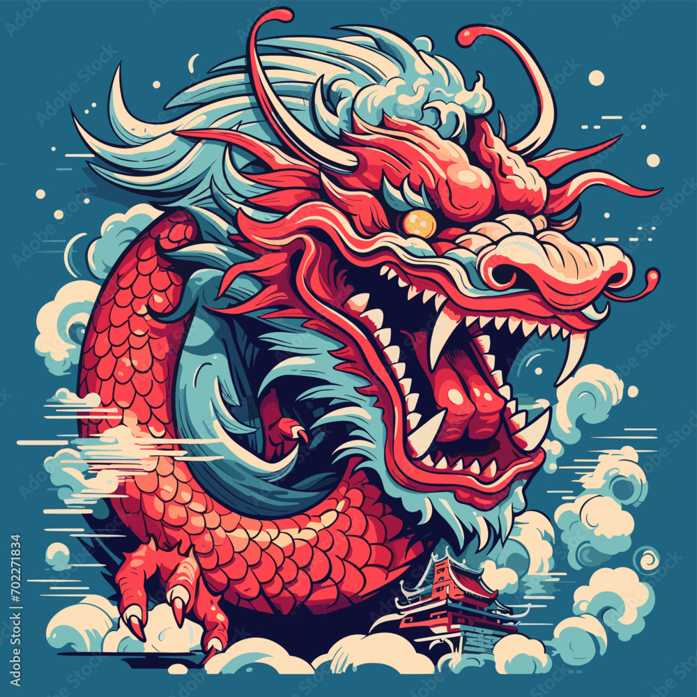 chinese dragon statue, colorful and dynamic illustration featuring a mythical dragon emerging from the roaring waves against a radiant red sun., chinese dragon on the background