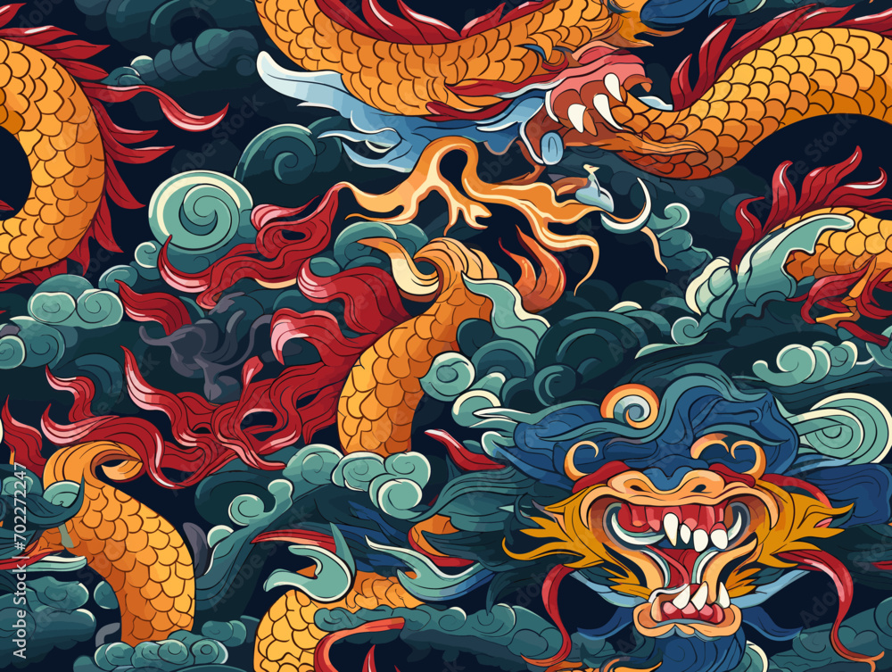 pattern of chinese dragon on the wall,  colorful and dynamic illustration featuring a mythical dragon emerging from the roaring waves against a radiant red sun.