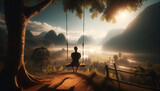 A high-quality image of a person in solitude on a swing overlooking a scenic landscape, in a 16_9 ratio.