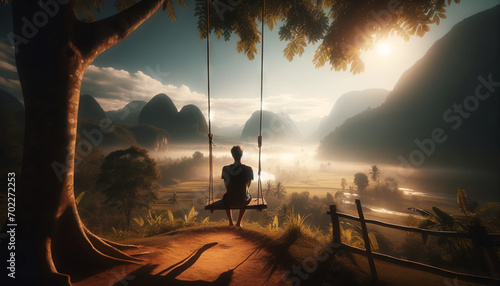 A high-quality image of a person in solitude on a swing overlooking a scenic landscape, in a 16_9 ratio. photo
