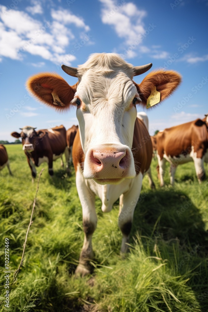 A herd of cows on a summer green field. One is looking at the camera.