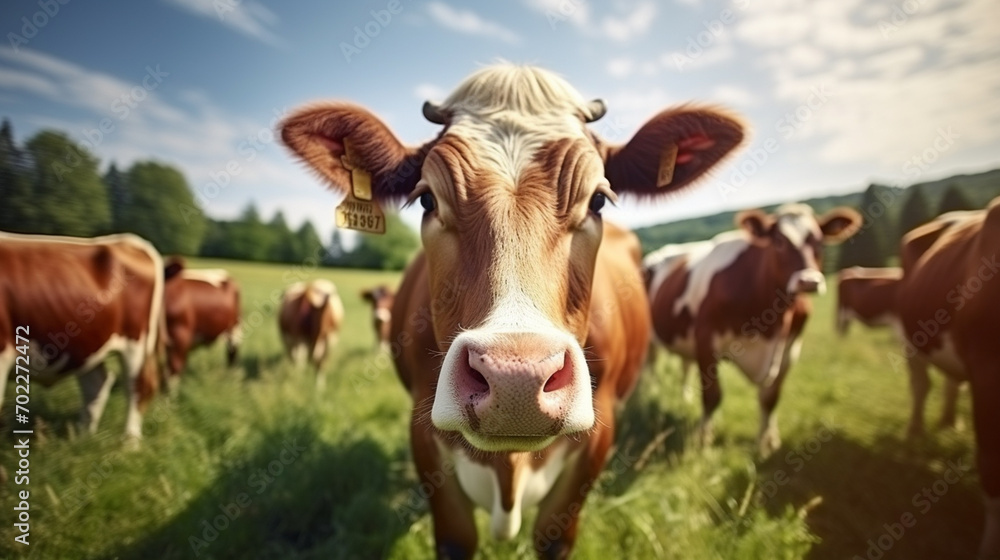 A herd of cows on a summer green field. One is looking at the camera.