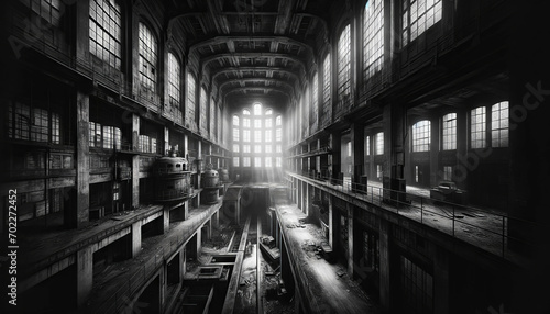 A high-quality image of a black and white photograph of an abandoned building's interior, in a 16_9 ratio.