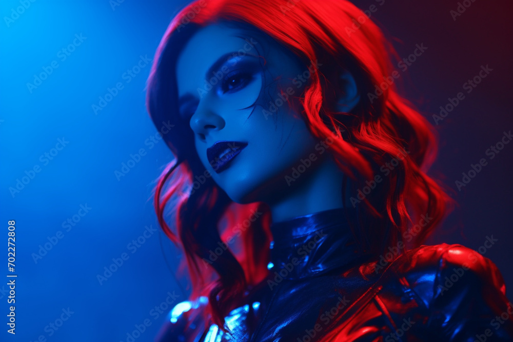 Fashion girl with red body paint in blue light Fashion girl with red body paint in blue light