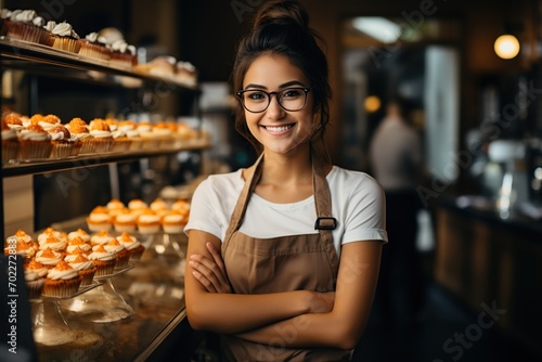 Female coffee shop owner smiling. Small business owner, restaurant, barista, cafe, entrepreneur, and seller concept. ai generative
