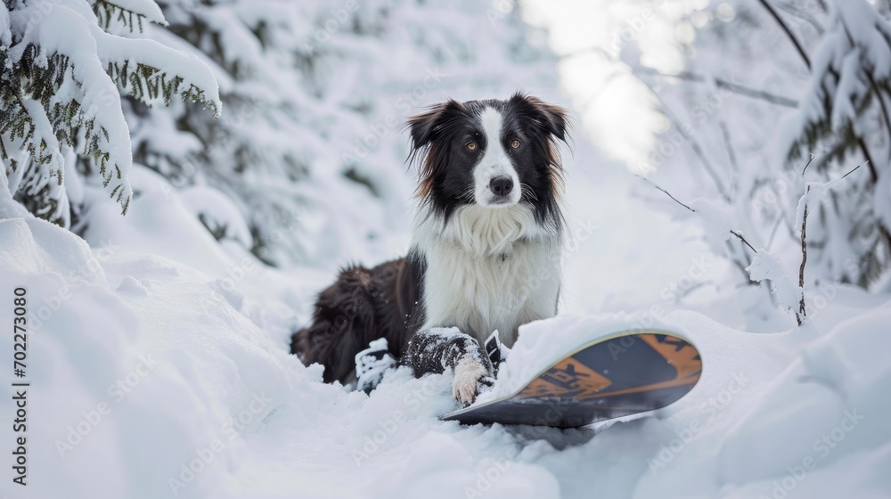 Portrait of a border collie with a snowboard in the fresh snow,