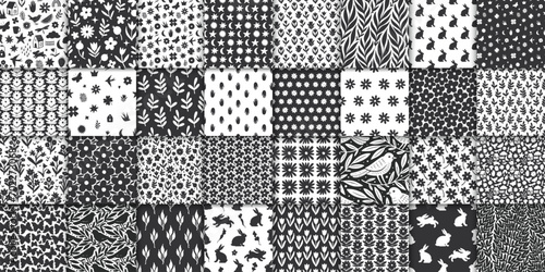 32 cute doodle seamless patterns. Hand drawn seamless pattern with flowers leaves birds and symbols