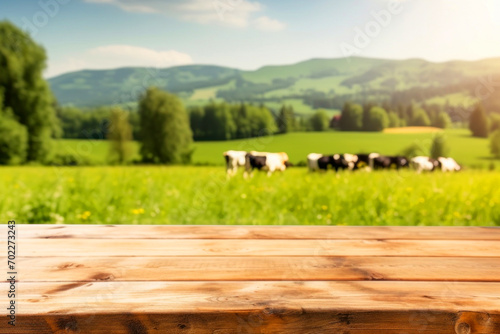 Empty ready for your product display montage - Top of wooden table with summer field background and grazing cows