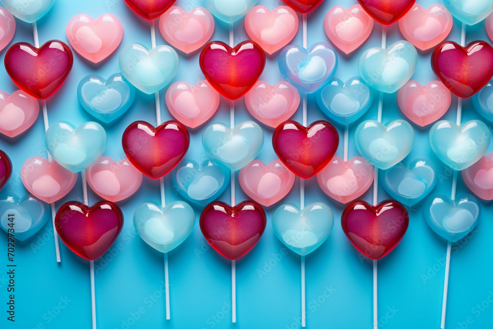 top view over heart shaped lollipops background