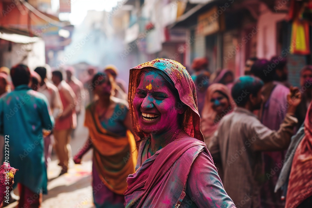 Portrait of people in colorful powder on indian street, Holi festival