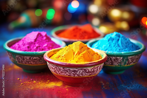 Colorful pots and drumms with Holi powder, Indian festival of colors