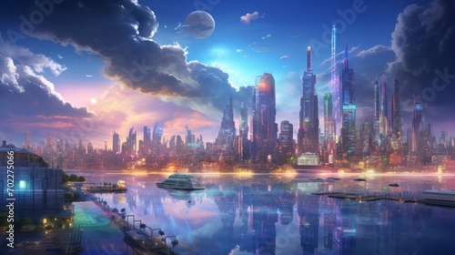A digital painting of a city skyline filled with holographic projections  advanced AI systems  and sustainable infrastructure set against a vibrant atmosphere Generative AI