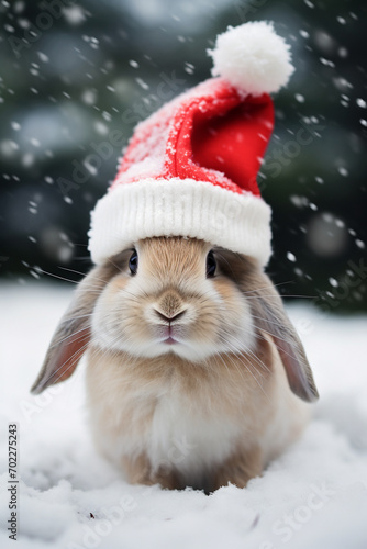 New Year's cute rabbit in Santa's hat.