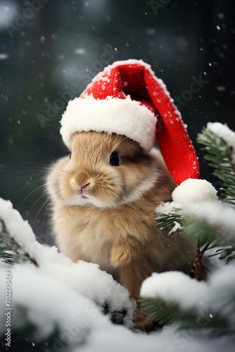New Year's cute rabbit in Santa's hat. © Anna