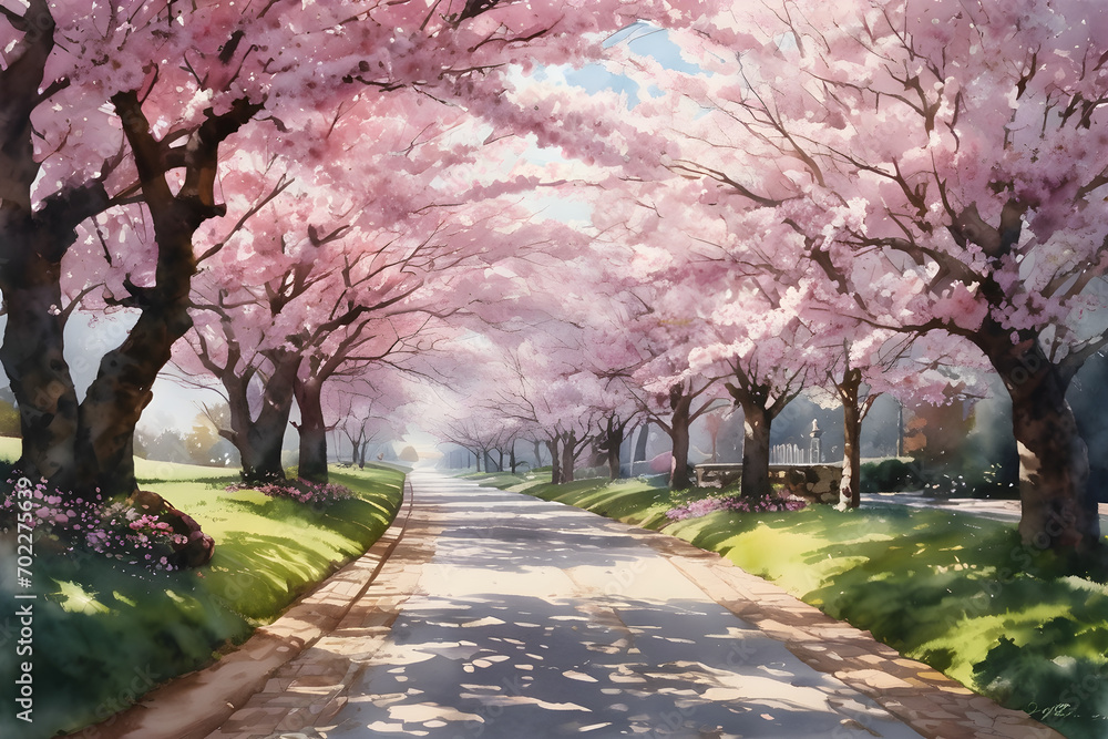 A landscape of cherry blossoms in watercolors. Generative AI A landscape of cherry blossoms in watercolors. Generative AI