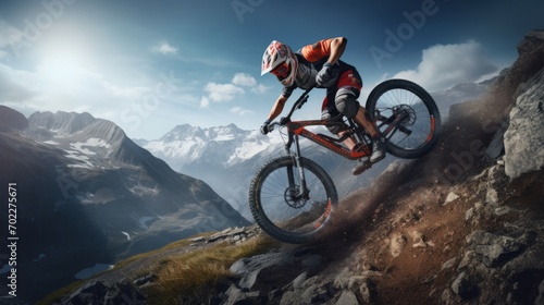 A high-energy visualization showcasing a mountain biker descending a steep, rocky terrain, surrounded by breathtaking panoramic mountain views Generative AI © vadosloginov